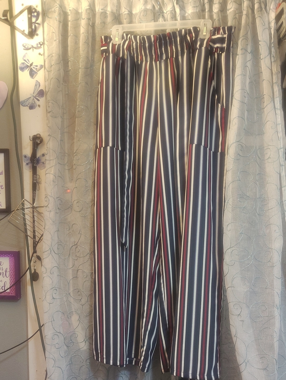Striped Wide-Leg Women’s 2X Pants in Navy, White & Burgundy